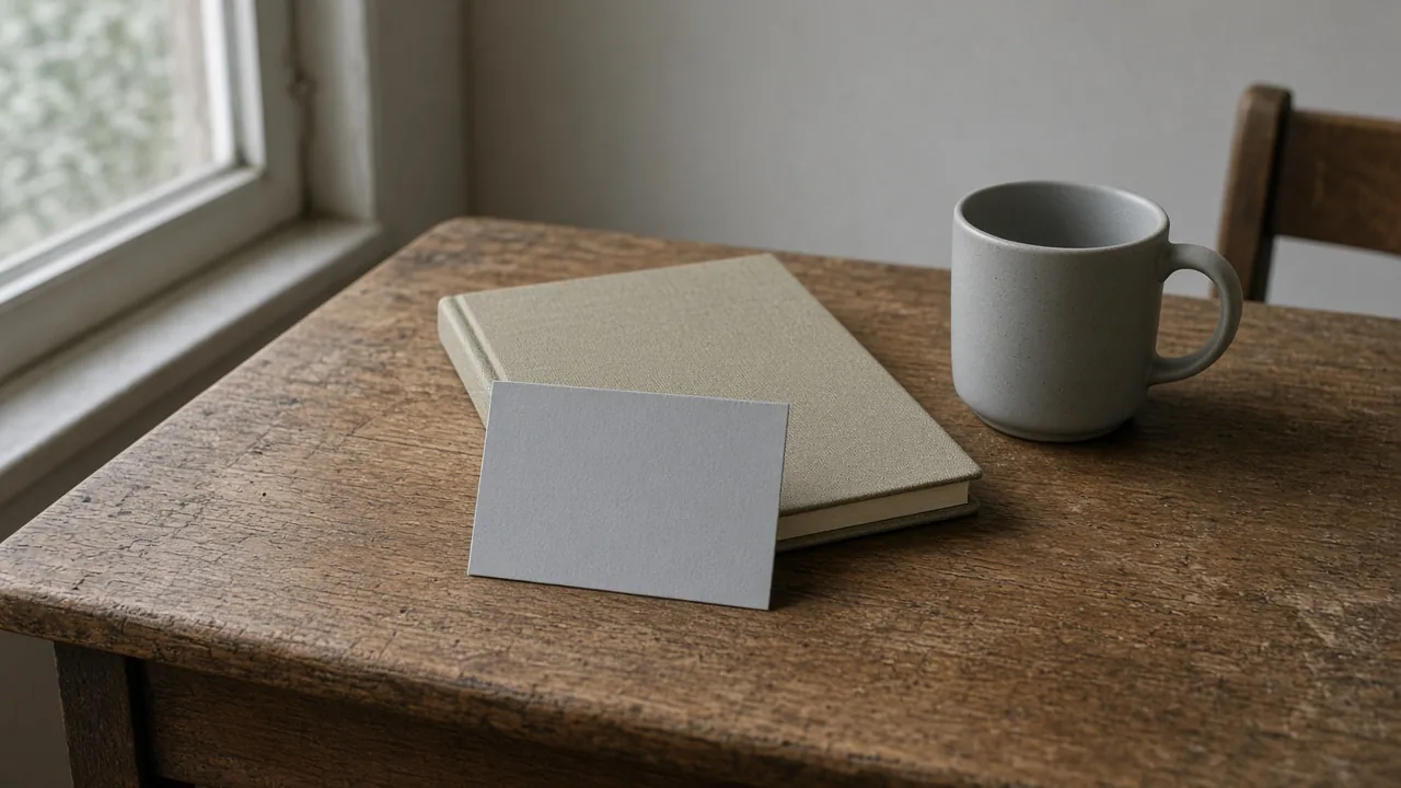 A gray mug sits to the right of a closed notebook, with a blank card in front.