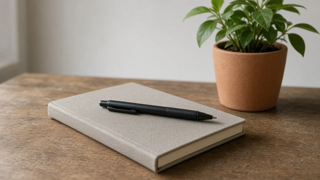 A black pen lies on a closed notebook, with a leafy plant in a clay pot to the right.