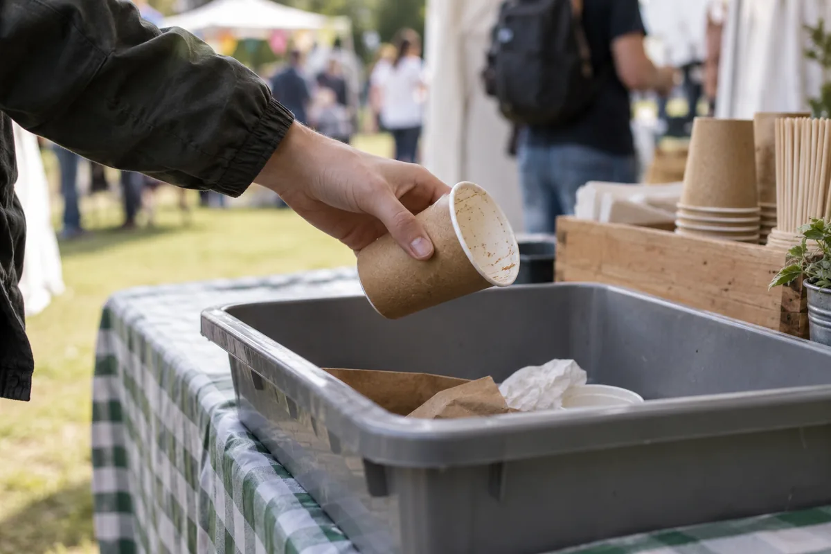 A hand placing a used paper cup into a collection tray on a festival table.