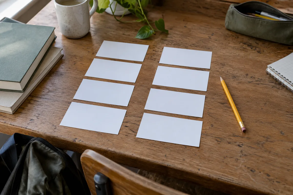 Blank index cards laid out in two columns on a desk with a pencil.