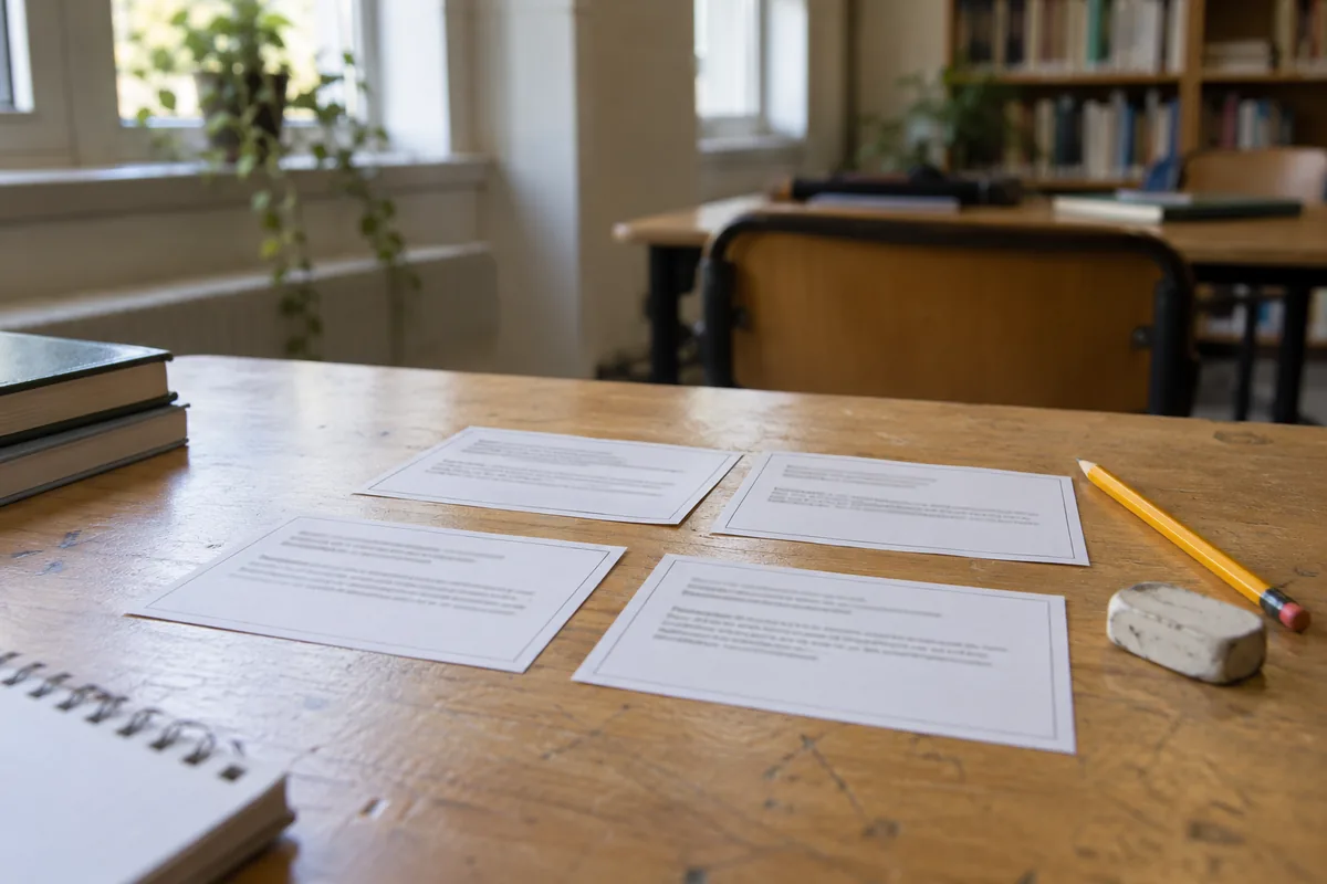 Four printed activity cards spread on a table, a pencil and eraser nearby.