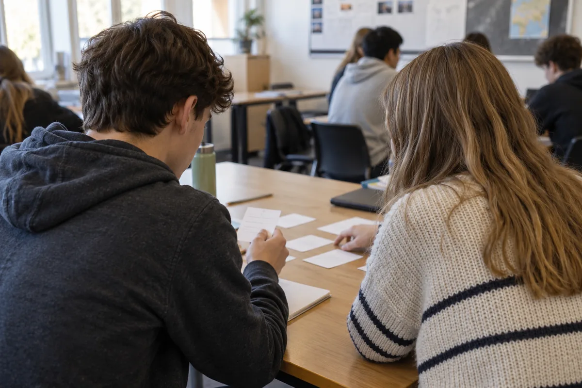 Pairs of students seen from behind discussing cards at a classroom table.