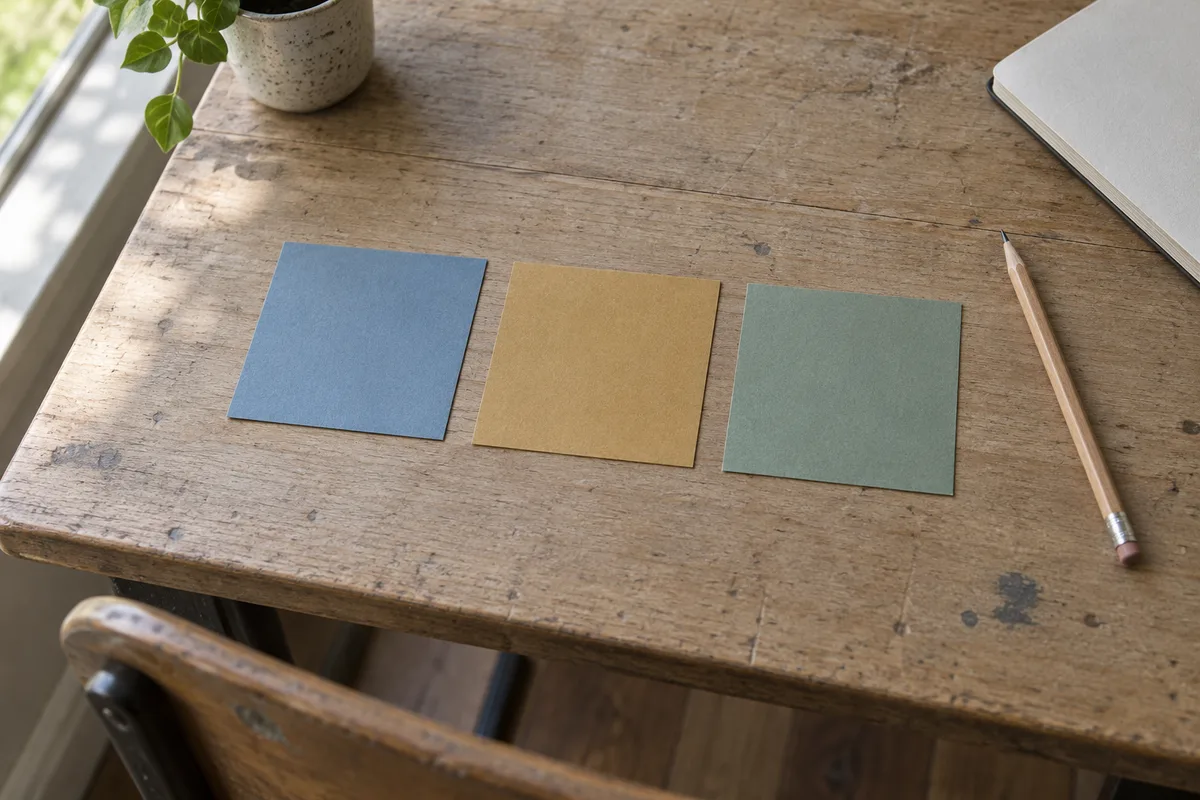 Three blank cards in blue, ochre and green arranged in a row on a wooden desk beside a pencil.