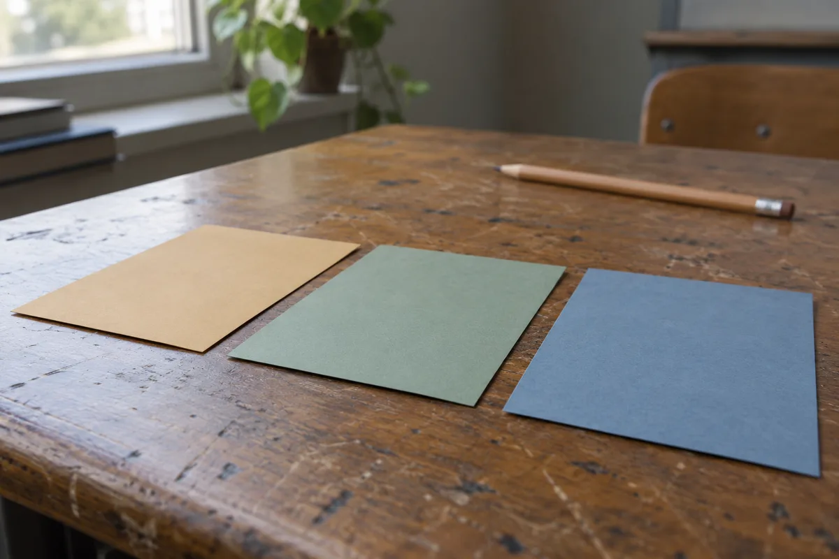 Blank ochre, green and blue cards arranged from left to right with small gaps on a classroom desk.