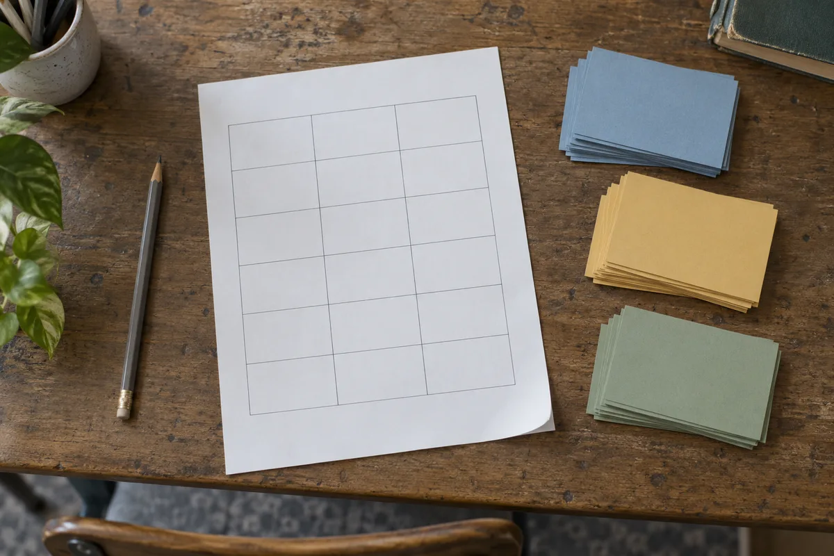 An empty ruled paper grid beside a pencil and stacks of blank blue, ochre and green cards.