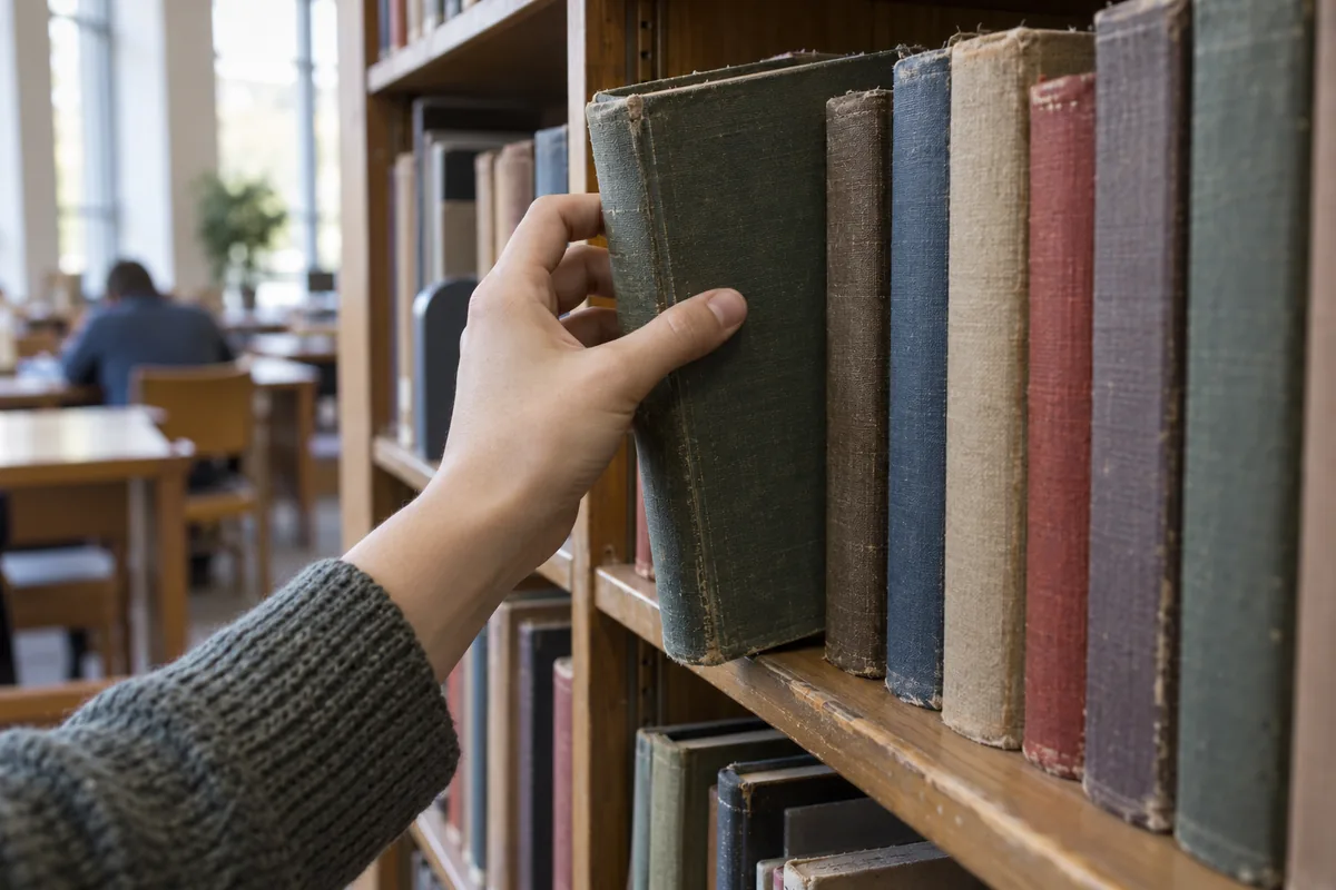 A hand pulling a book from a library shelf, spines worn and unreadable.