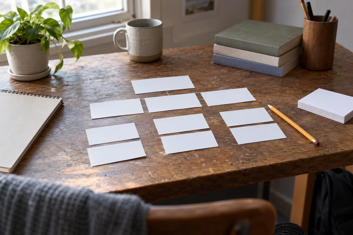 Index cards spread on a desk in a rough outline order with a pencil.