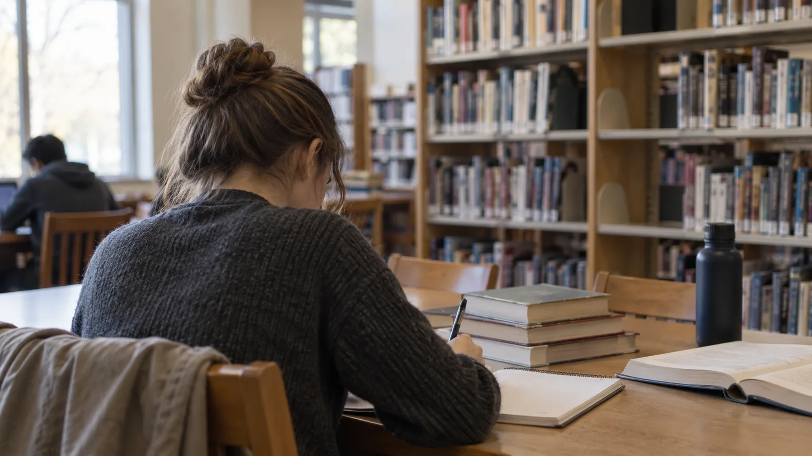 A student seen from behind at a library table with a few books and a notebook, shelves behind.