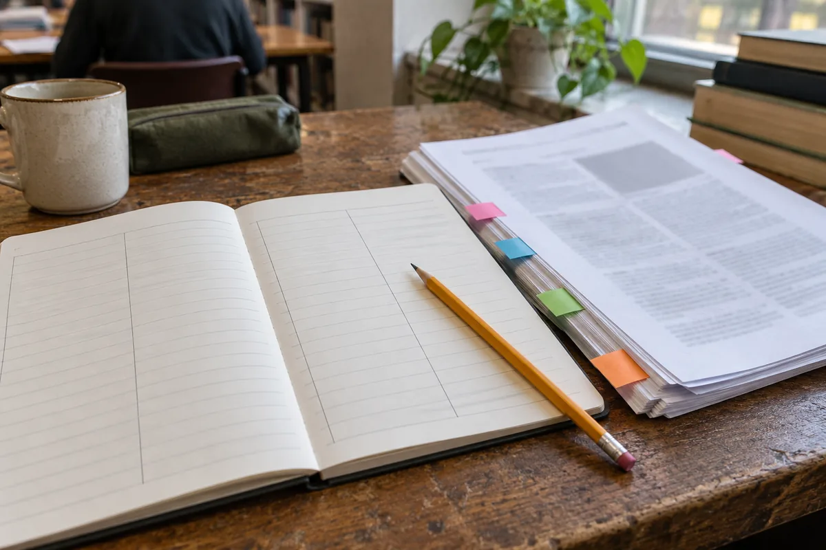 A notebook with hand-ruled columns, a pencil and colored sticky tabs marking pages of a printed article.