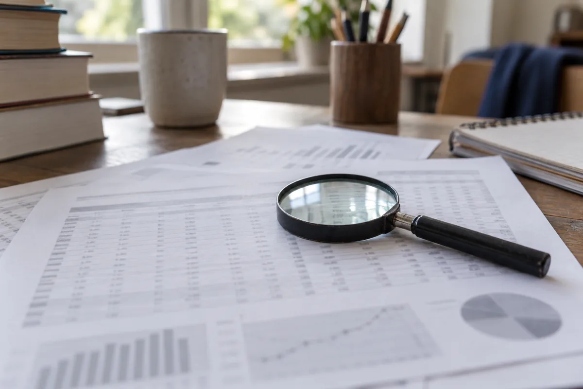 Printed pages of data tables (illegible) with a small magnifying glass resting on them.