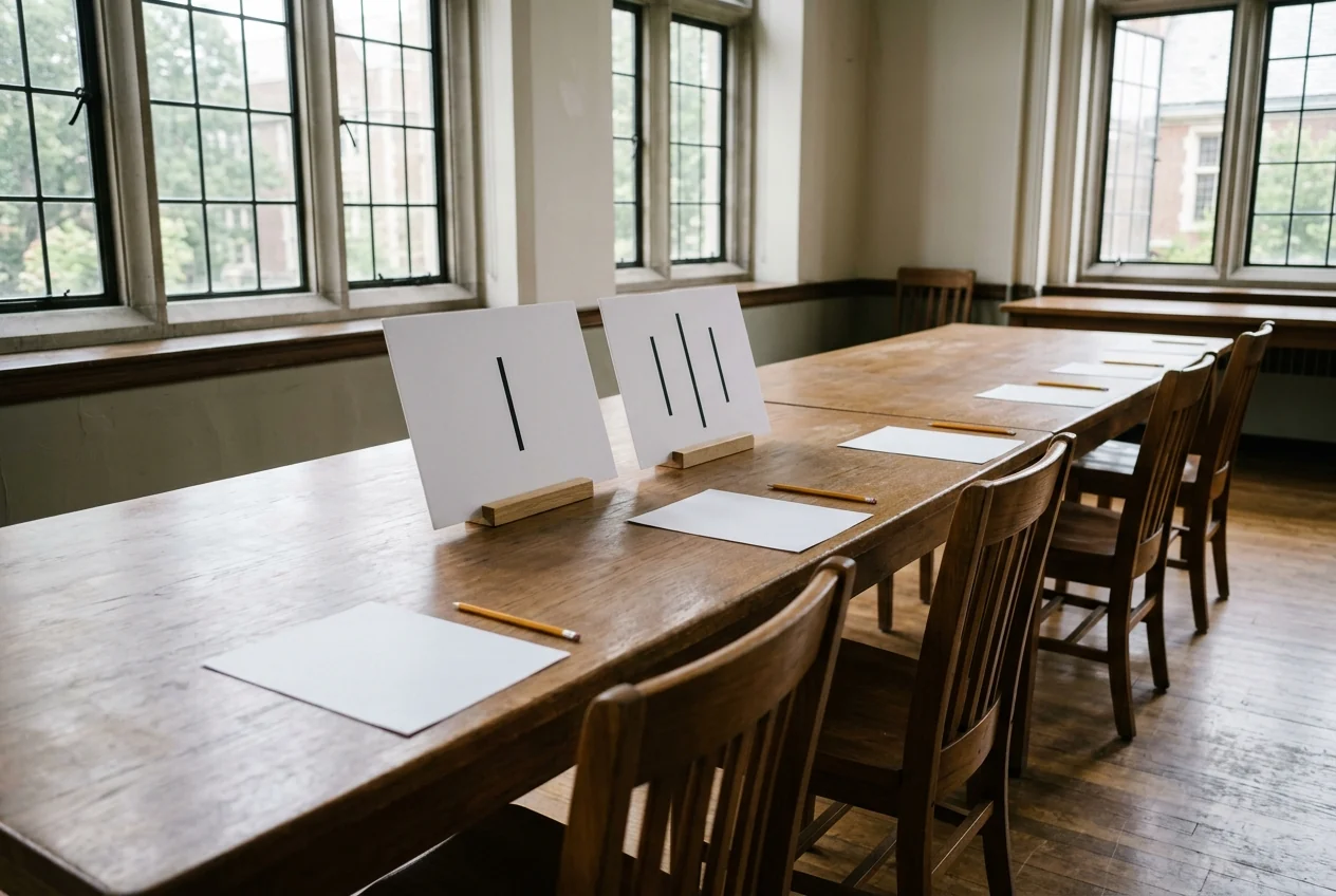 Psychology seminar table arranged for a group perception study with vertical line comparison boards, response pads, and wooden chairs