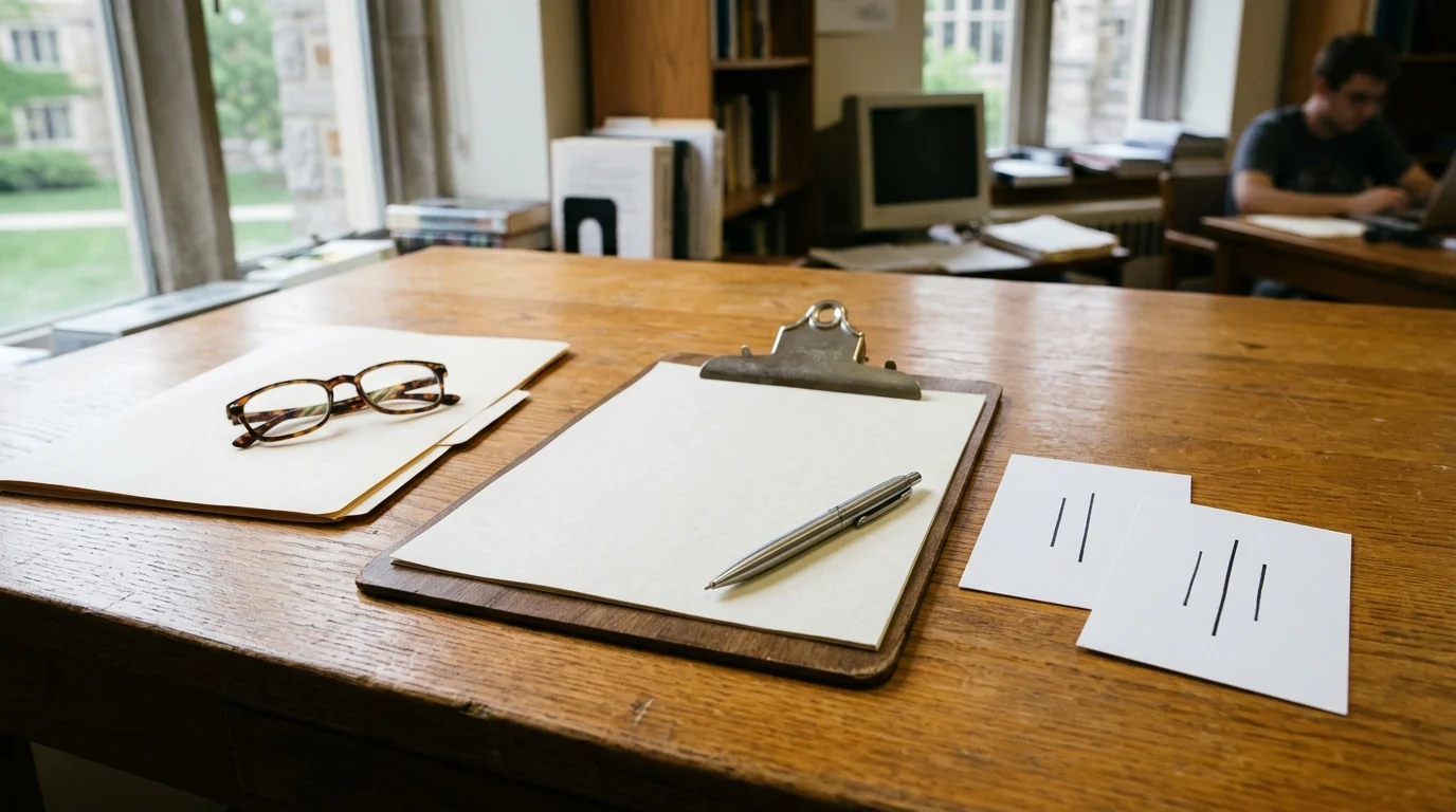 University psychology research desk with a wooden clipboard, ballpoint pen, perceptual line cards, and study folder in natural daylight