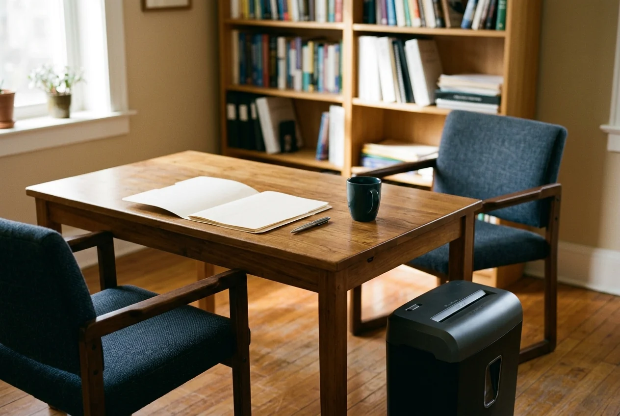 Quiet psychology consultation table with two chairs, an open folder, a pen, and an office paper shredder beside the desk