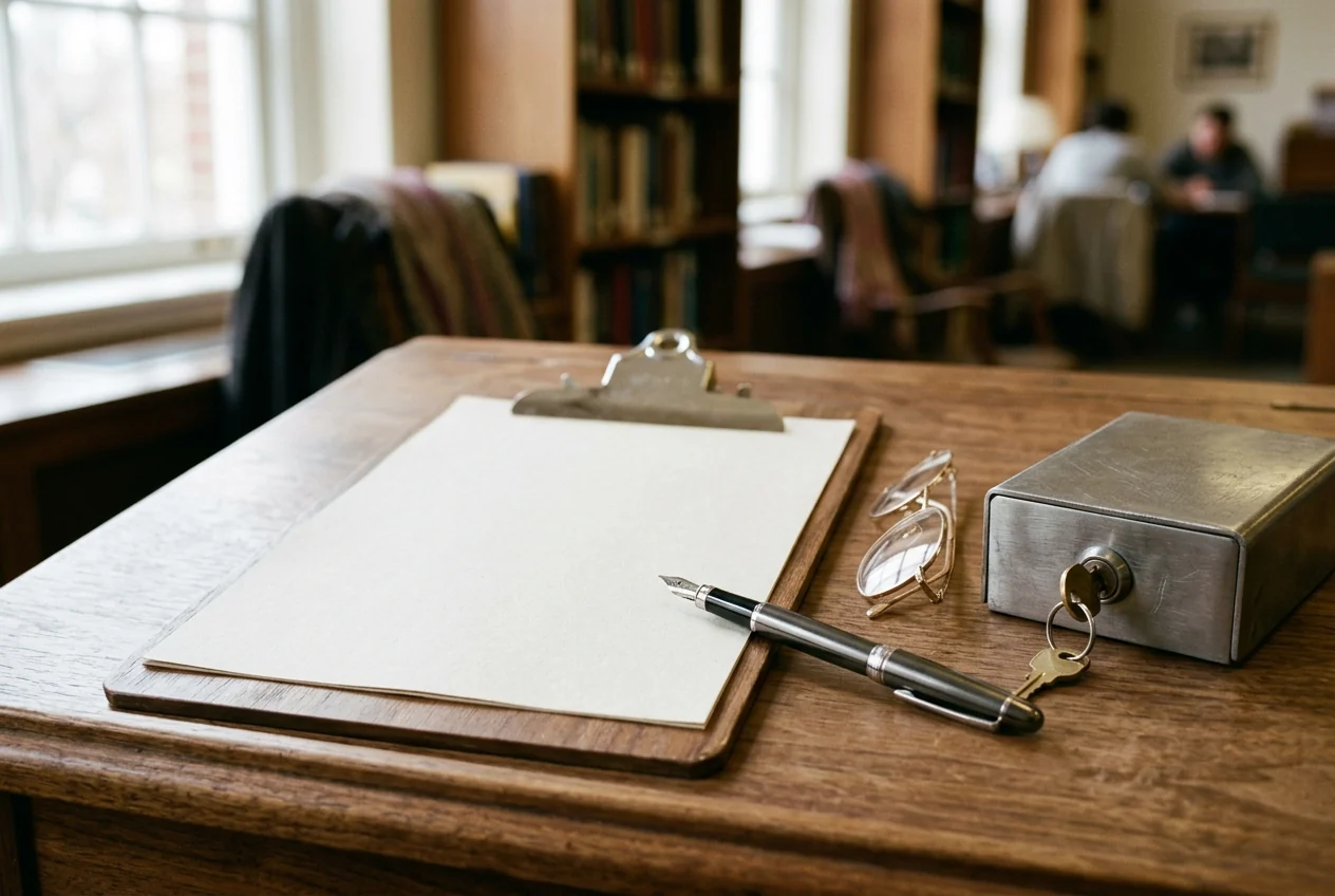 Close-up of a wooden university consultation table with a clipboard, fountain pen, reading glasses, and locked metal file box