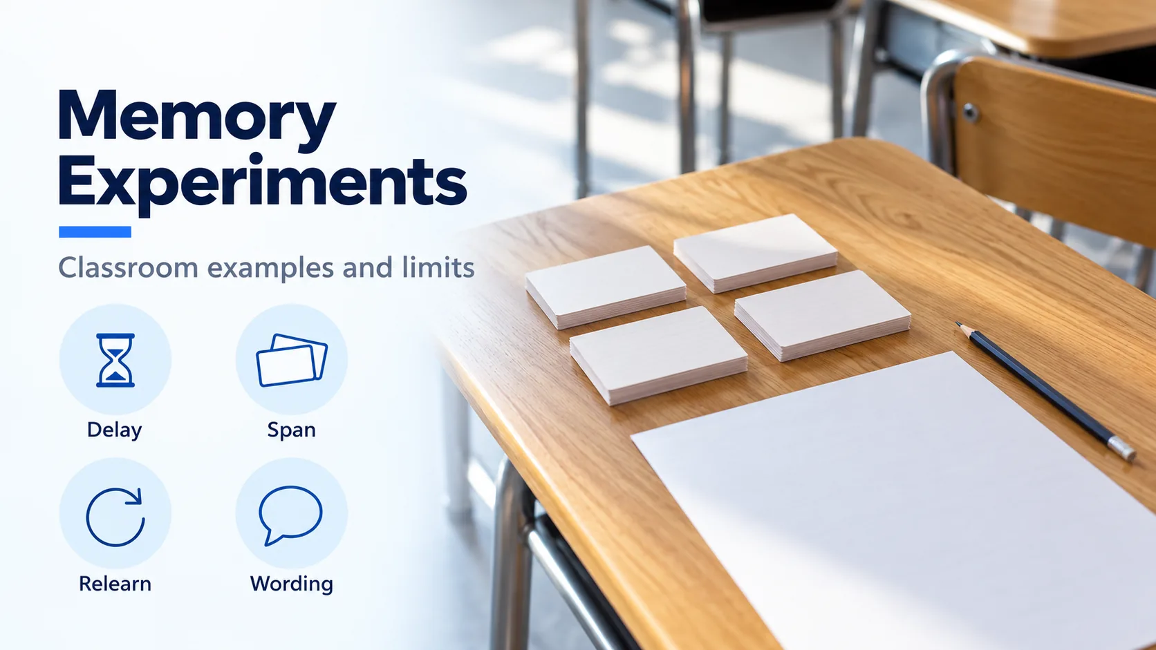 Infographic titled Memory Experiments, with labels Delay, Span, Relearn, and Wording, beside blank cards on a desk.