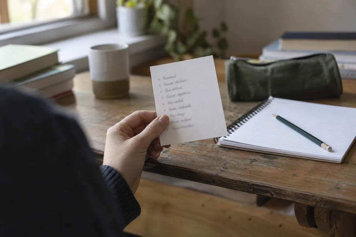 A hand holding a printed card with an illegible short list, desk below.