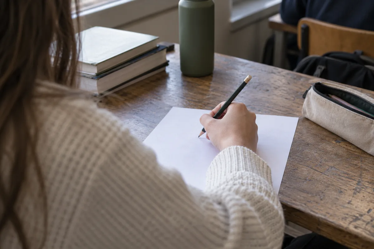 A student’s hand writing a list on a blank sheet, seen over the shoulder, no face.