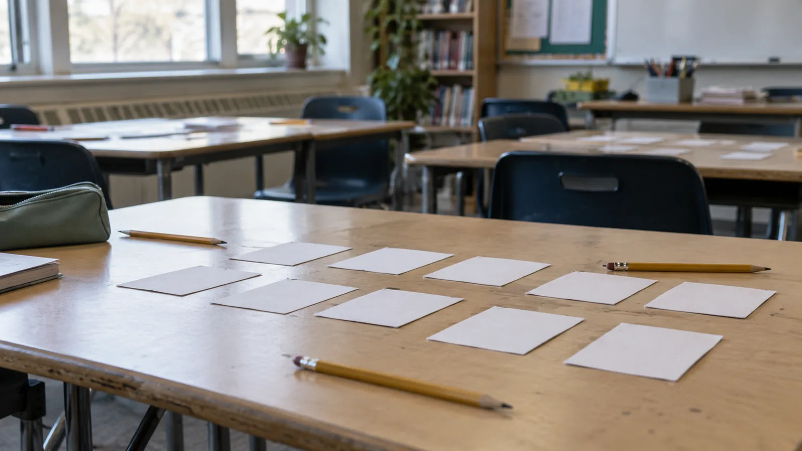 Classroom desks with blank cards and pencils laid out for an activity.