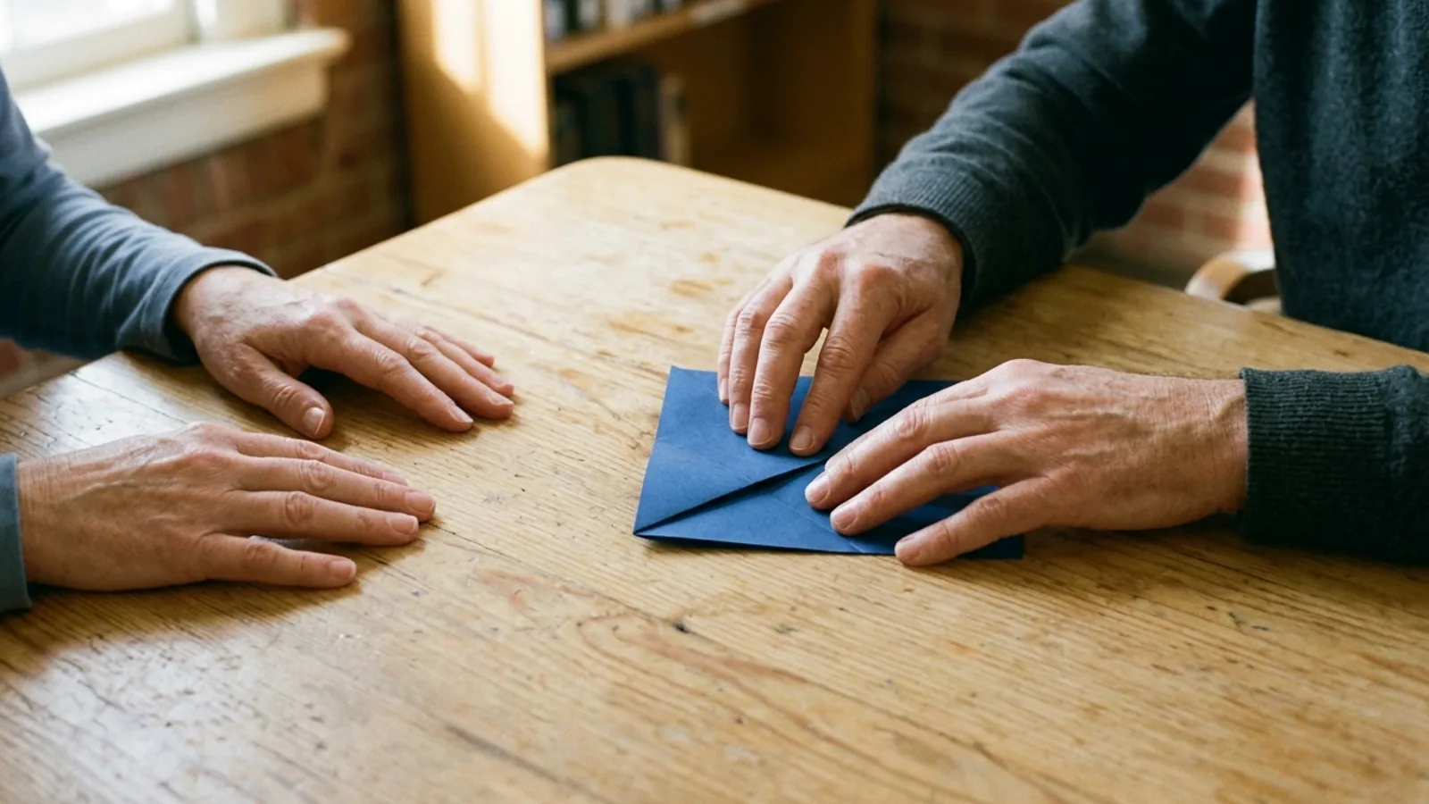 Hands folding blue paper on a wooden table beside another pair of resting hands.