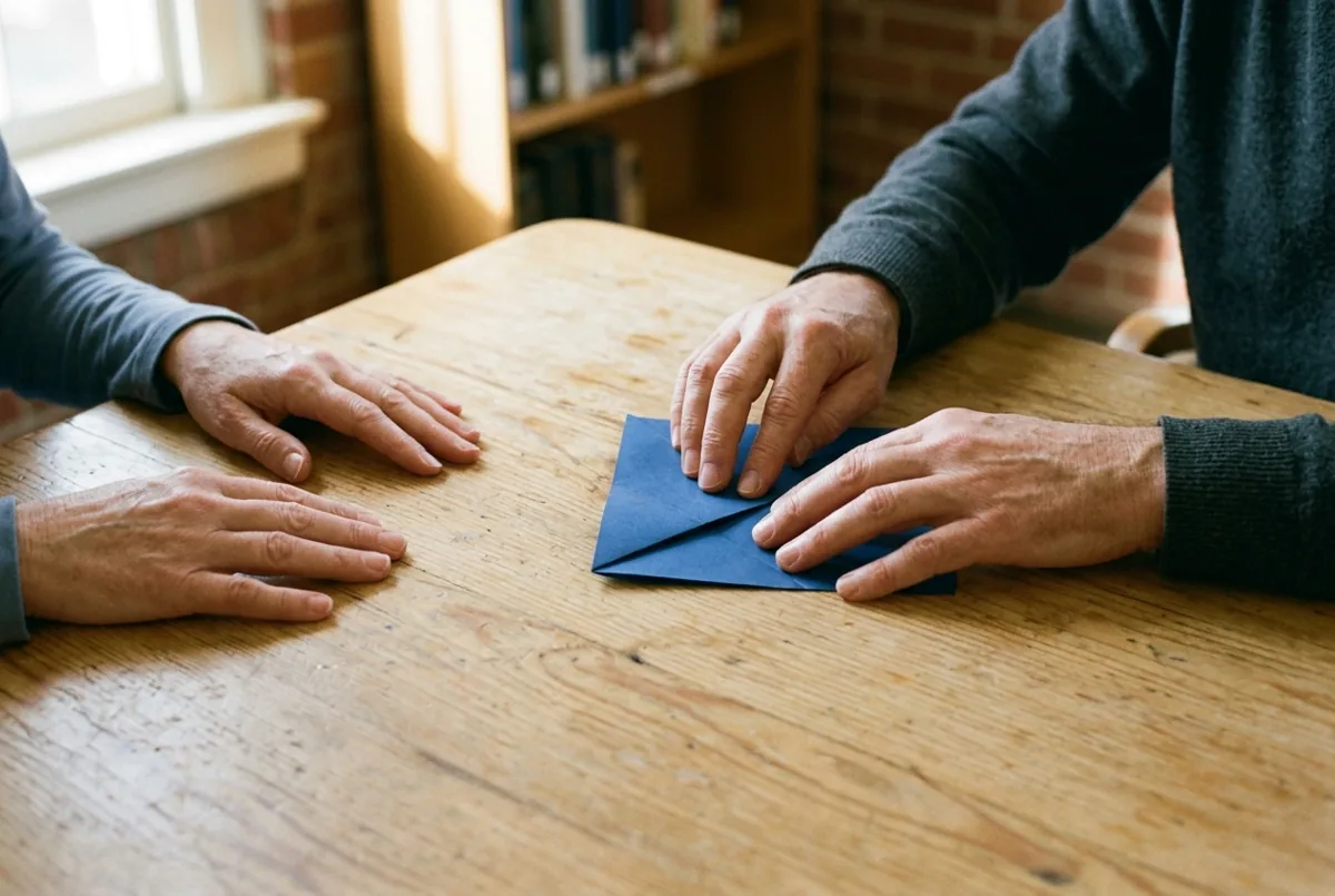 One pair of hands folding blue paper beside a second pair of resting hands.