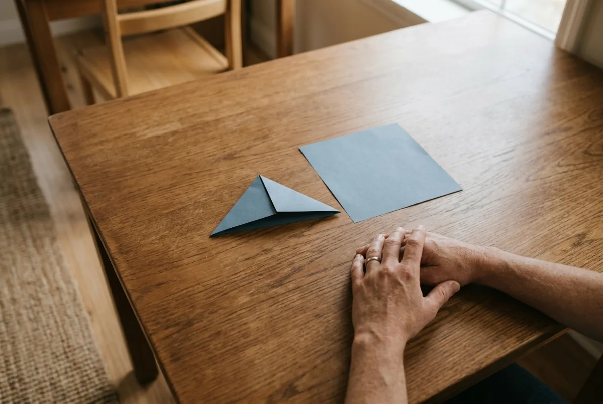 Resting hands beside a blue paper square and a folded blue triangle on a wooden table.