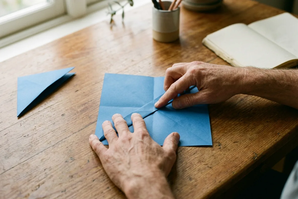 Hands folding blue paper with a folded blue triangle resting nearby.
