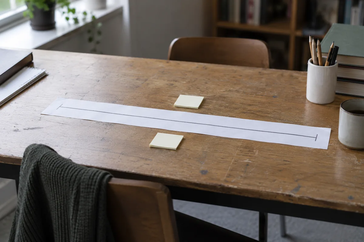 A long paper strip with a drawn pencil line across a desk and two small blank sticky notes placed near its middle.