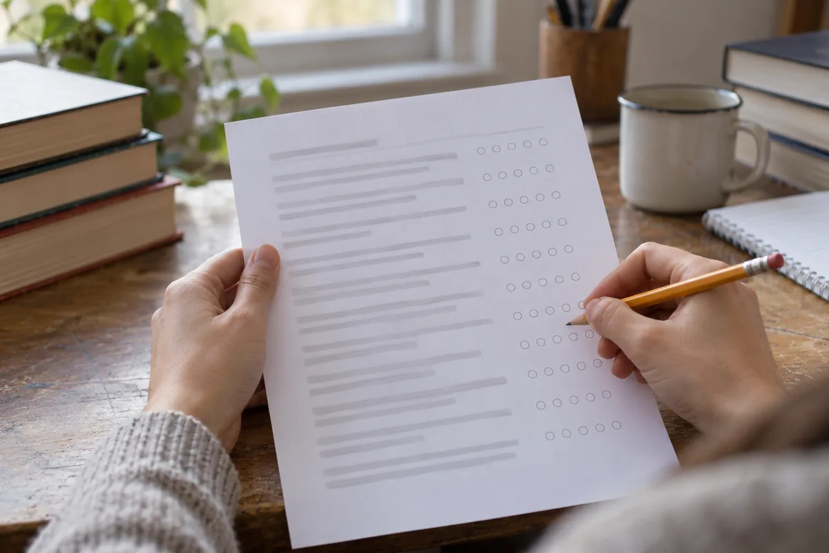 A hand holding a printed questionnaire page with illegible lines and a pencil, books in the background.