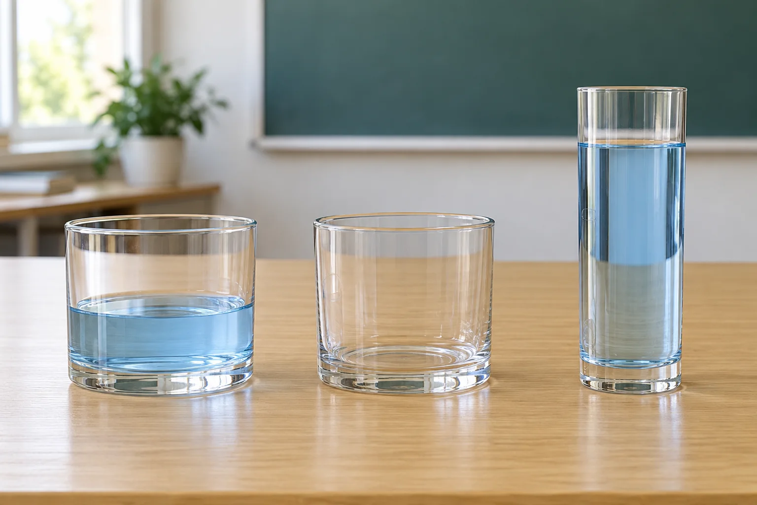 Two broad glasses, one filled and one empty, stand beside a narrow glass with a higher water level.