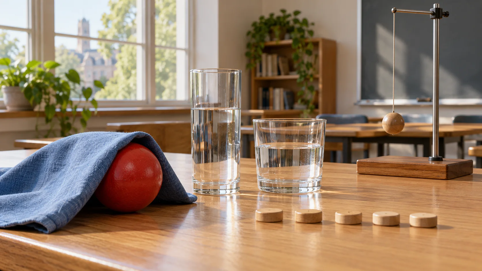 A partly covered toy ball, water glasses, wooden counters, and a pendulum on a classroom table.