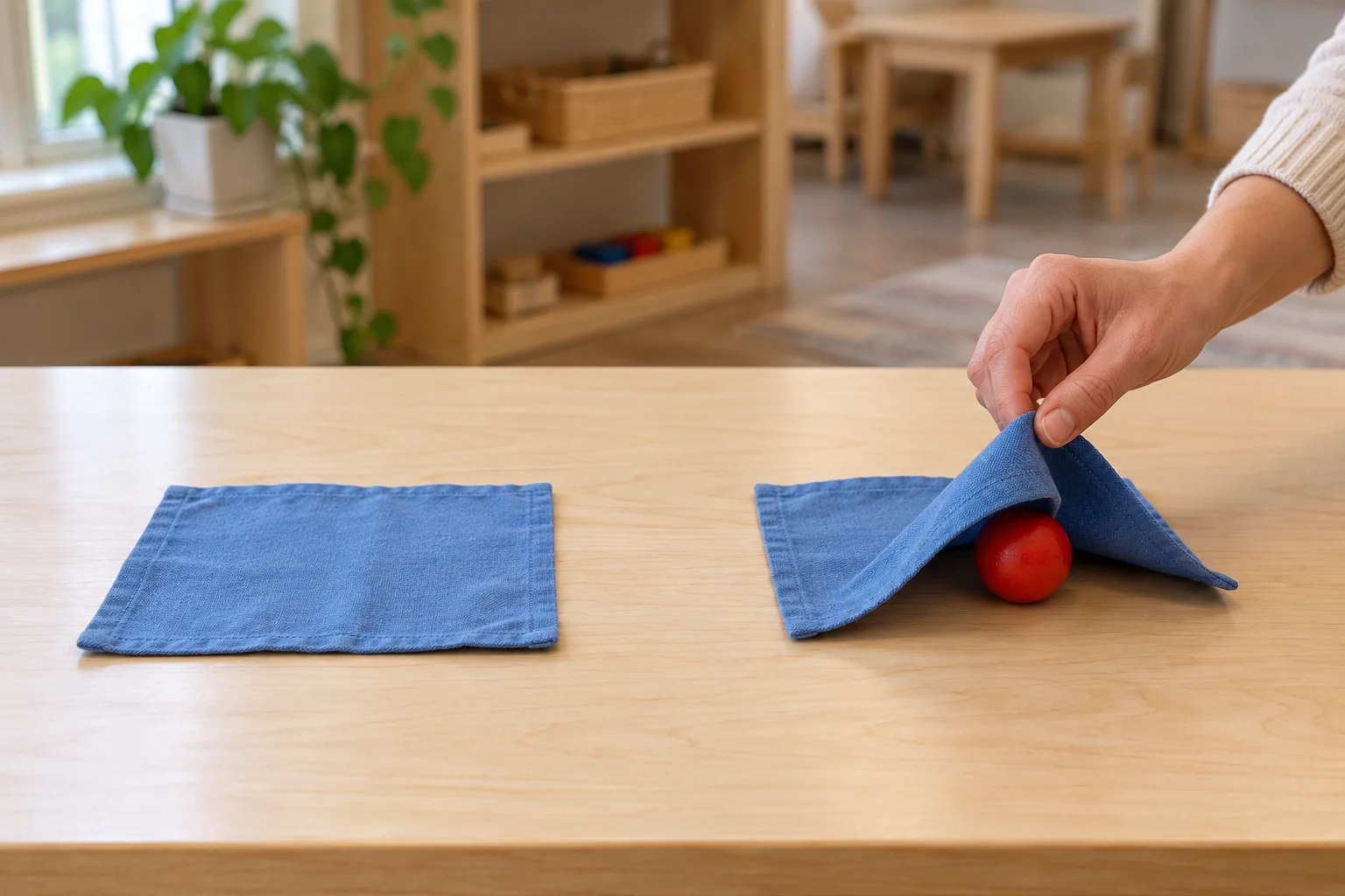 An adult lifts the right of two blue cloths to reveal a red ball; the left cloth lies flat.