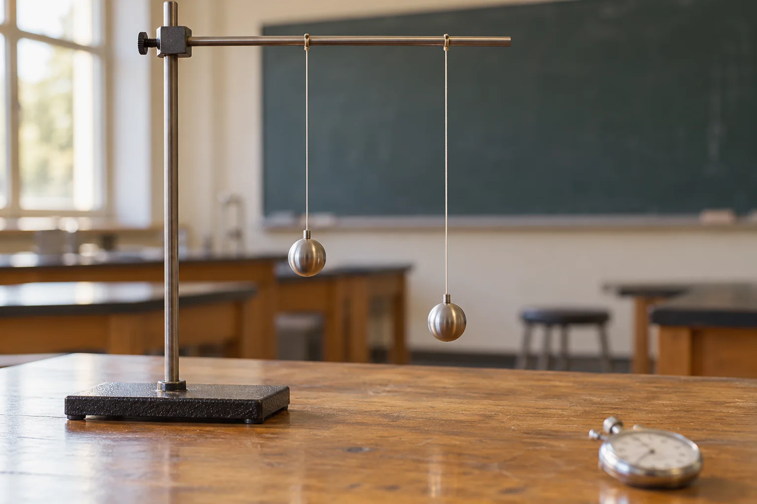 Matching metal pendulum bobs hang on different lengths of string from a shared support bar.