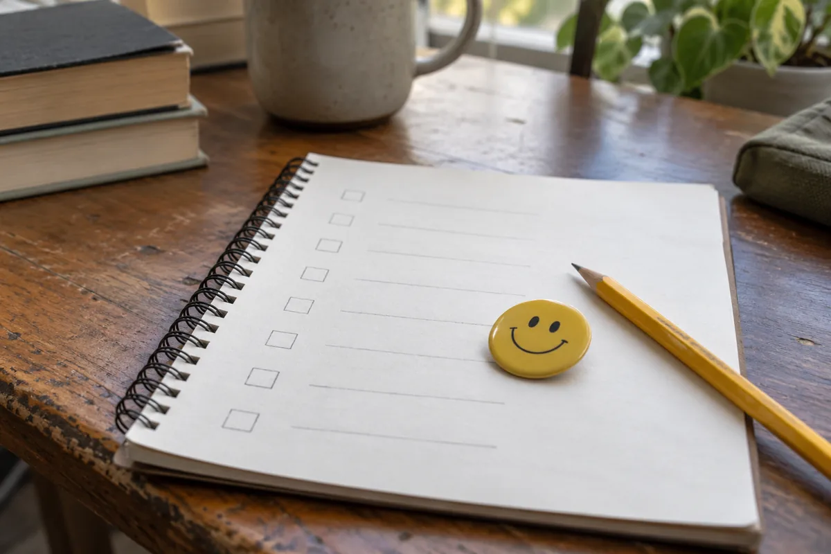 A small smiley-face badge pin lying on a checklist notebook beside a pencil on a desk.