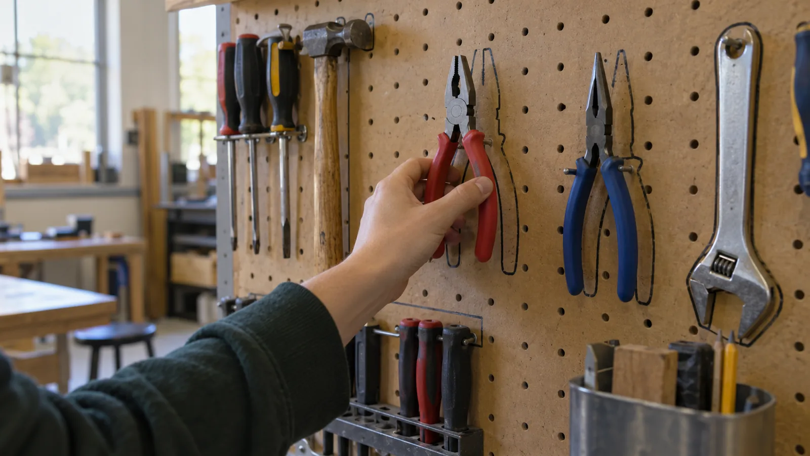 A hand returning a pair of pliers to its outlined spot on a pegboard tool wall in a school maker studio.
