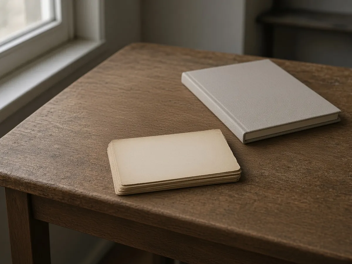 One tan stack of blank cards sits on a wooden desk, with a closed notebook behind it.