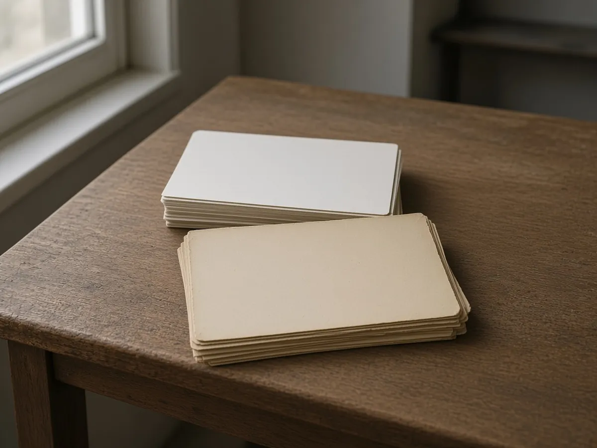 A tan stack of blank cards sits in front of a white stack on a wooden desk.