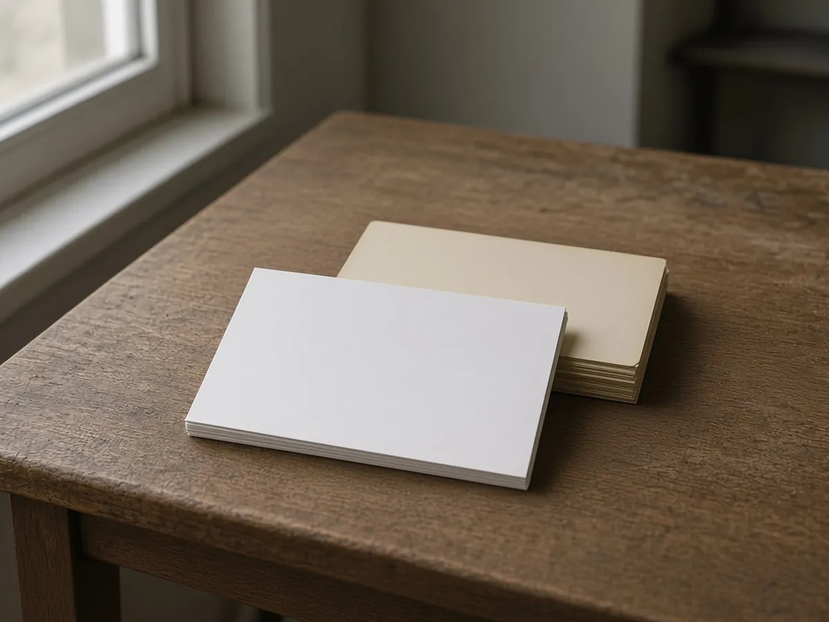 A white stack of blank cards sits in front of a tan stack on a wooden desk.