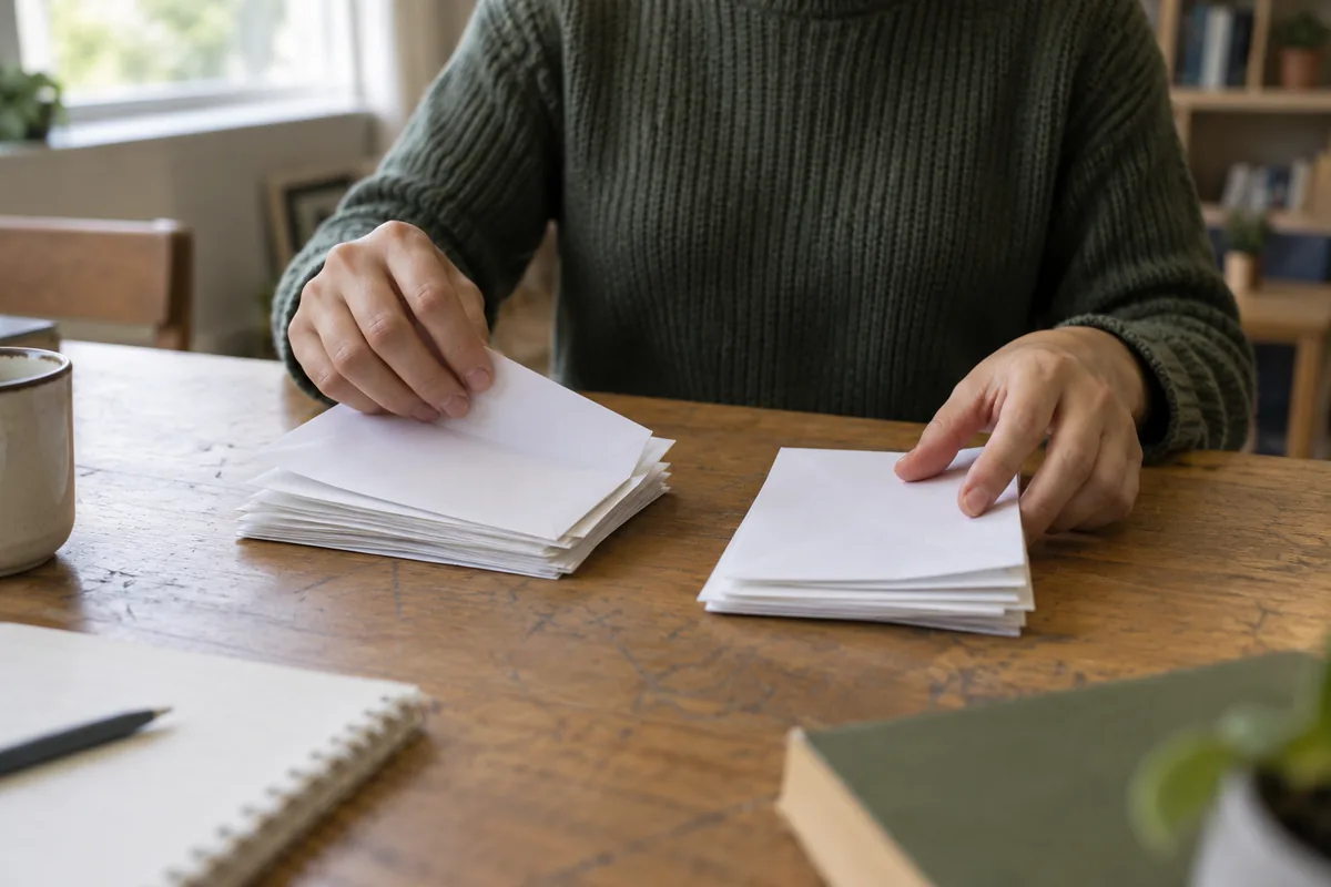 Hands sorting two piles of plain envelopes on a table.