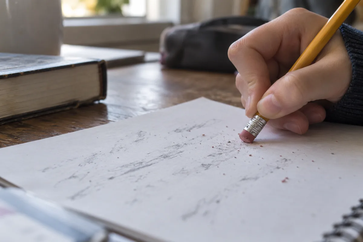 Close-up of a pencil eraser revising a handwritten answer on paper.
