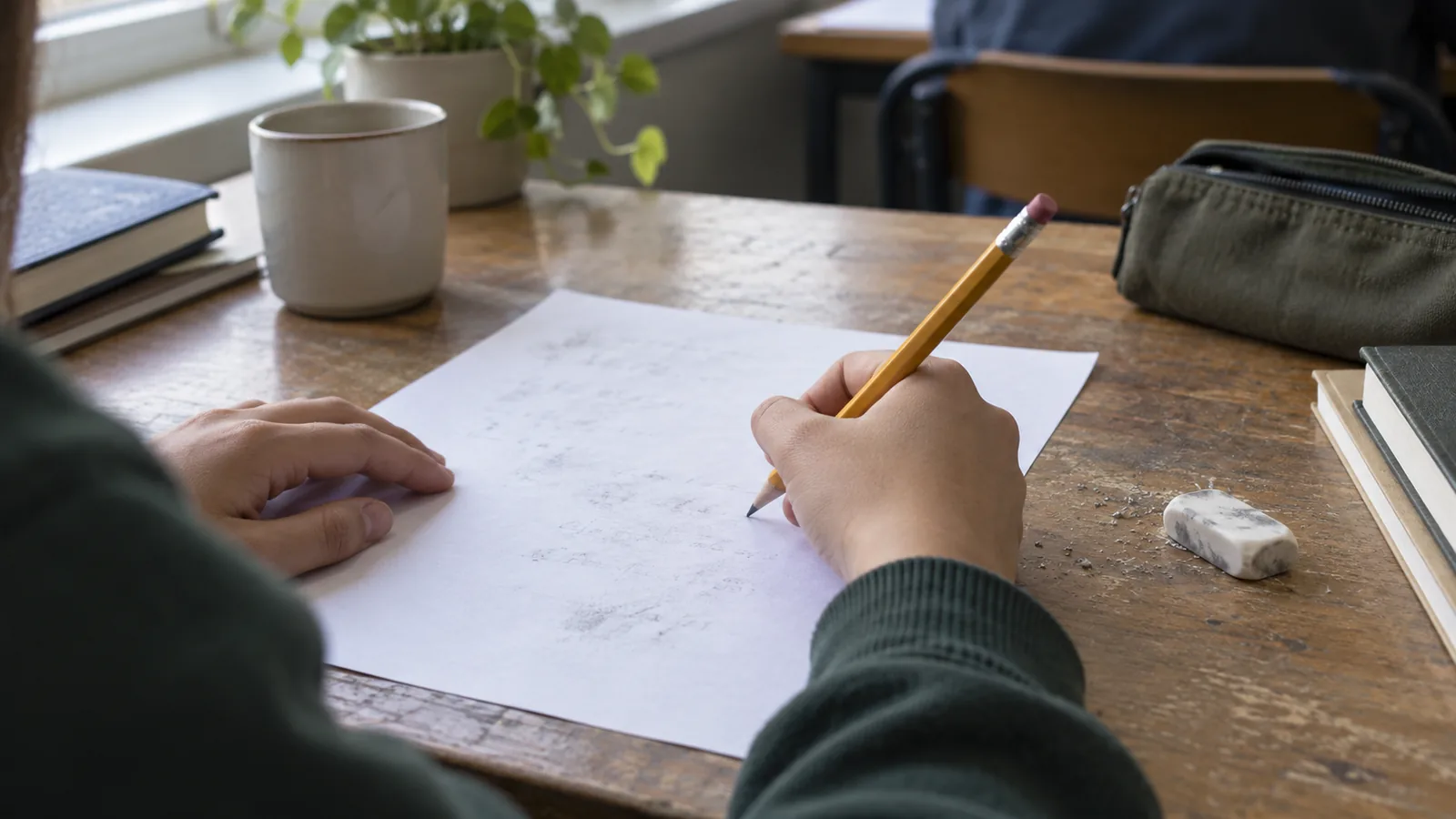 Hands with a practice sheet and pencil on a desk, eraser crumbs.