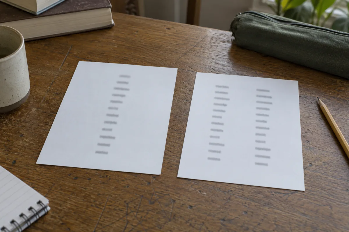 Two printed cards side by side on a desk: short gray marks in a single column on one, two columns on the other.