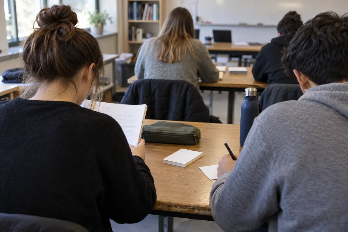 Students seen from behind at classroom tables, some rereading notes, some writing questions on cards.