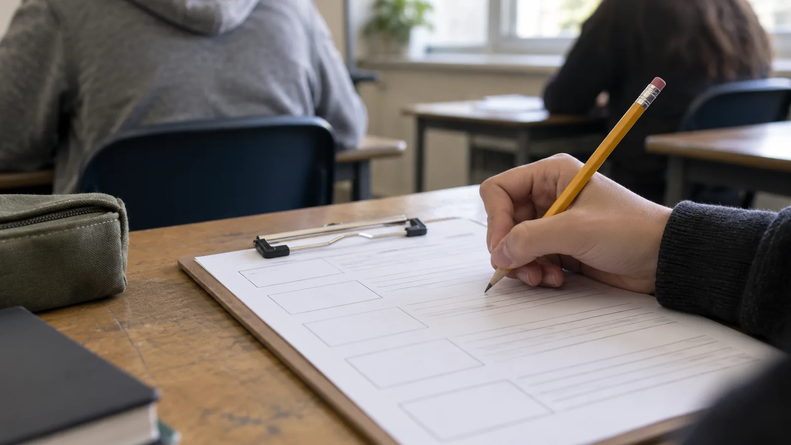 A hand writing on a worksheet clipped to a clipboard with a pencil, classroom desk.