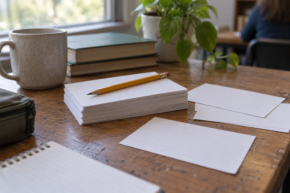A stack of flashcards on a desk, some flipped over, a pencil resting on top.