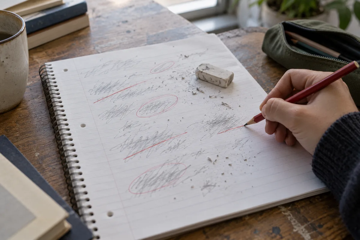 A notebook page with pencil writing and corrections in red pencil, eraser crumbs.