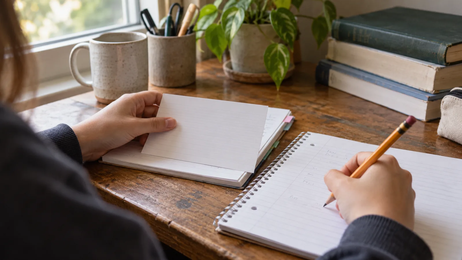 A hand covering notes with an index card while writing an answer in a notebook at a study desk.