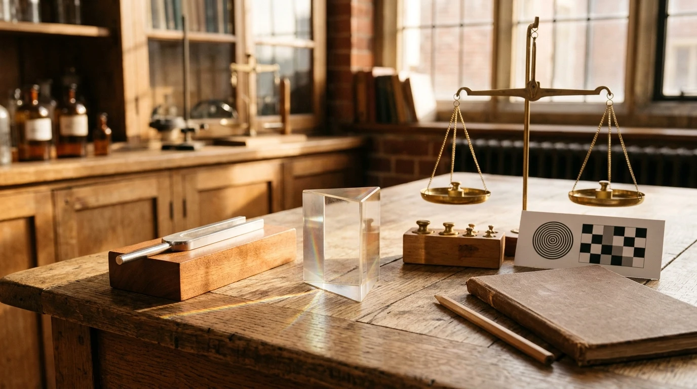 A psychology laboratory wooden desk displaying a glass optical prism, a metal tuning fork, a brass balance scale with cylindrical weights, and geometric pattern cards.