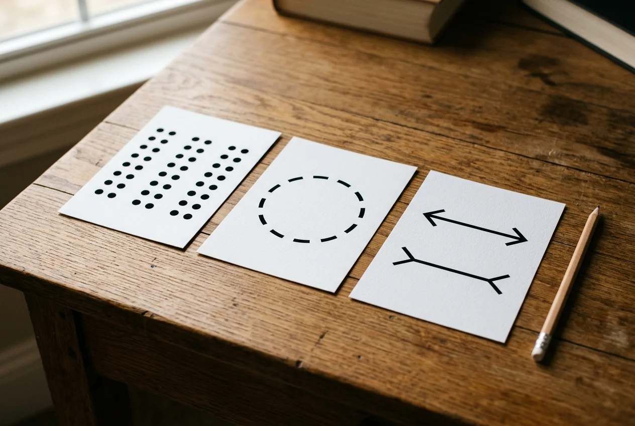 Printed black-and-white geometric perception cards showing dot proximity, an incomplete dashed circle for closure, and equal lines with arrow fins on a study table.