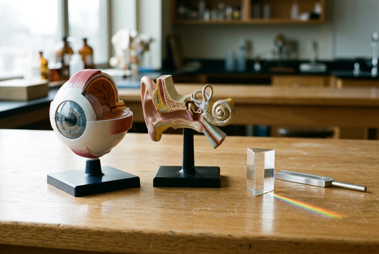 Anatomical models of the human eye and inner ear cochlea beside a glass prism refracting light and a steel tuning fork on a wooden laboratory bench.