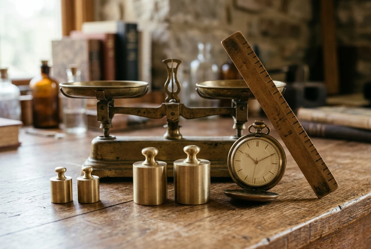 Two pairs of unmarked brass cylindrical weights beside a brass balance scale and an open-face mechanical pocket watch on a wooden ruler.